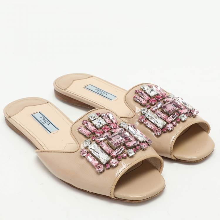 Prada Beige Saffiano  Embellished Slides Size 36