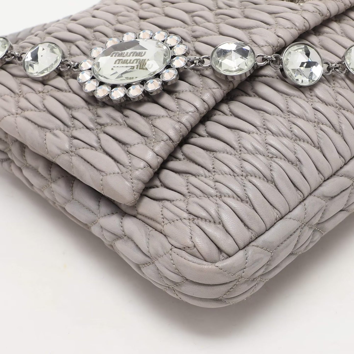 Miu Miu Grey Matelassé Nappa Leather Crystal Shoulder Bag