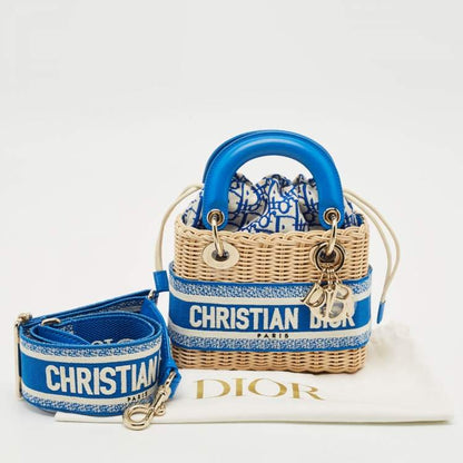 Dior Blue Cream Rattan Mini Lady Dior Tote