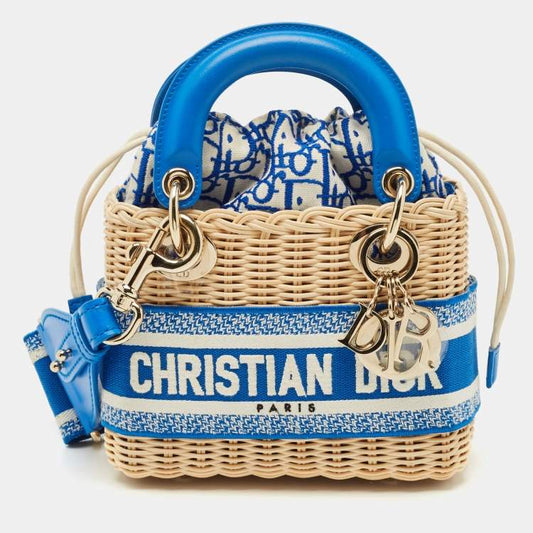 Dior Blue Cream Rattan Mini Lady Dior Tote