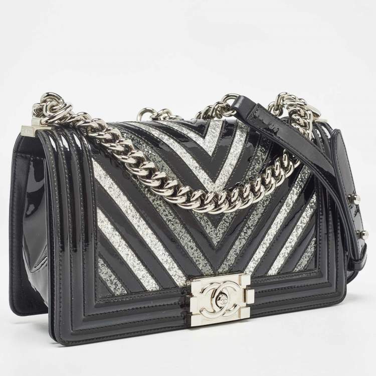 Chanel Black/Silver Chevron Patent Leather Medium Boy Flap Bag