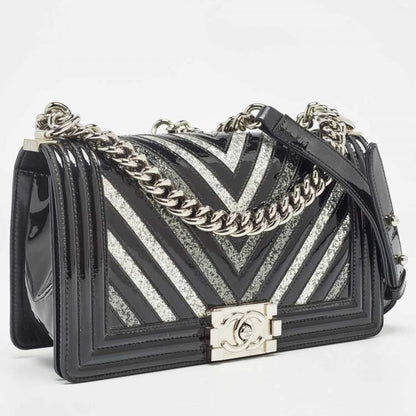 Chanel Black/Silver Chevron Patent Leather Medium Boy Flap Bag