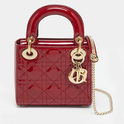 Dior Lady Dior Mini Red Cannage Patent Leather Tote Bag