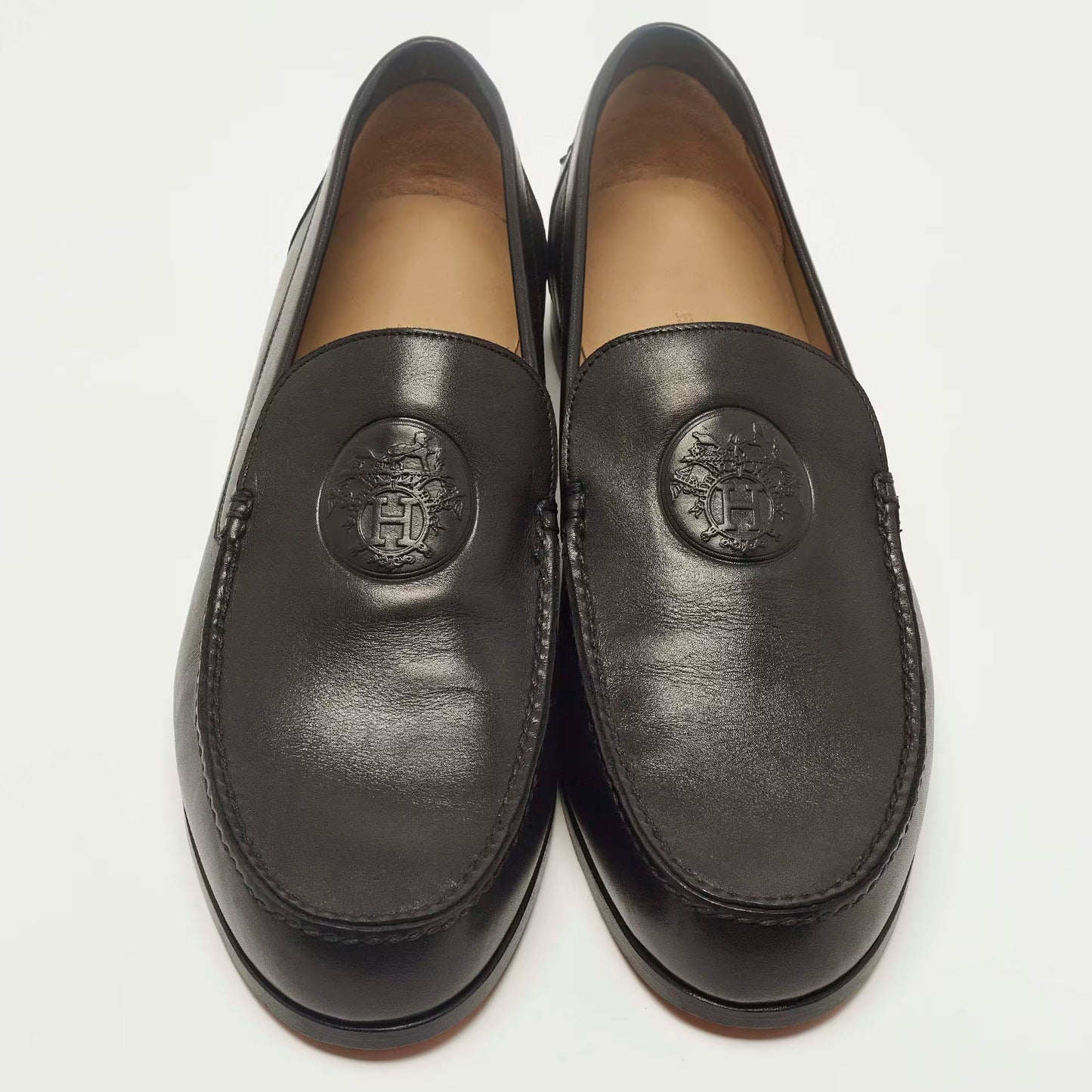 Hermes Size 42.5 Black Leather Logo Embossed Loafers