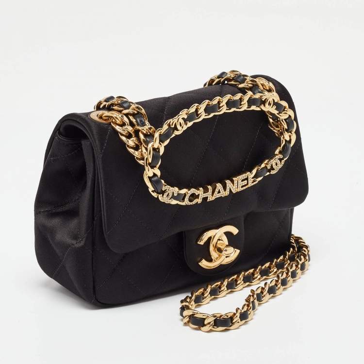 Chanel Black Quilted Satin Top Handle Flap Bag with Gold CHANEL Chain – Excellent Condition