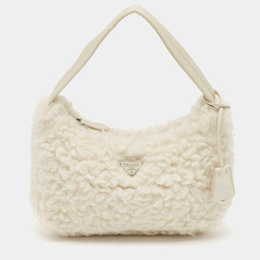 Prada White Wool Re-Edition 2000 Shoulder Bag