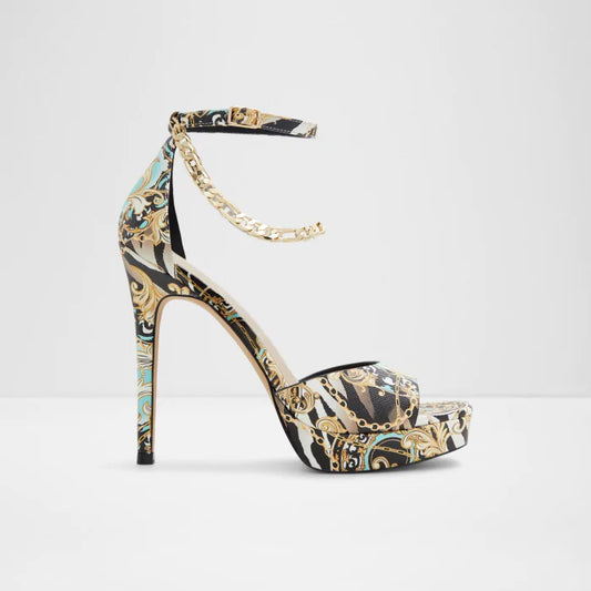 Aldo Statement Heels – Baroque-Inspired Black Multi Print | Sizes 40–41