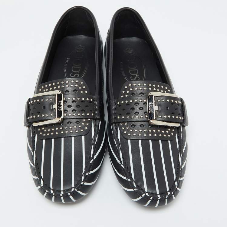 Tod’s Black & White Striped Leather Embellished Loafers - Size 37
