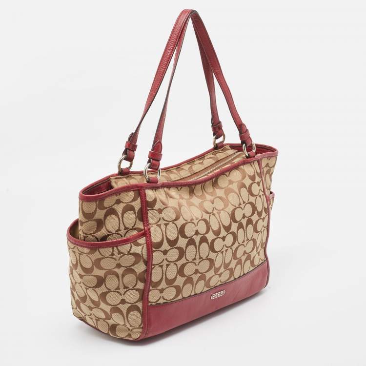 Coach Signature Carrie Tote – Beige & Burgundy Canvas Leather Shoulder Bag
