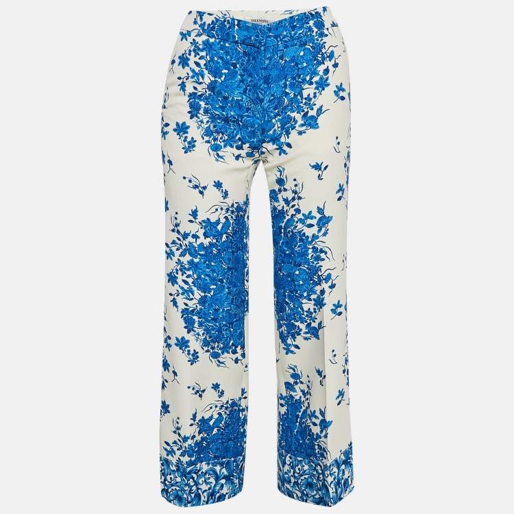 Valentino Blue Floral Print Wool Blend Wide-Leg Trousers – Size S