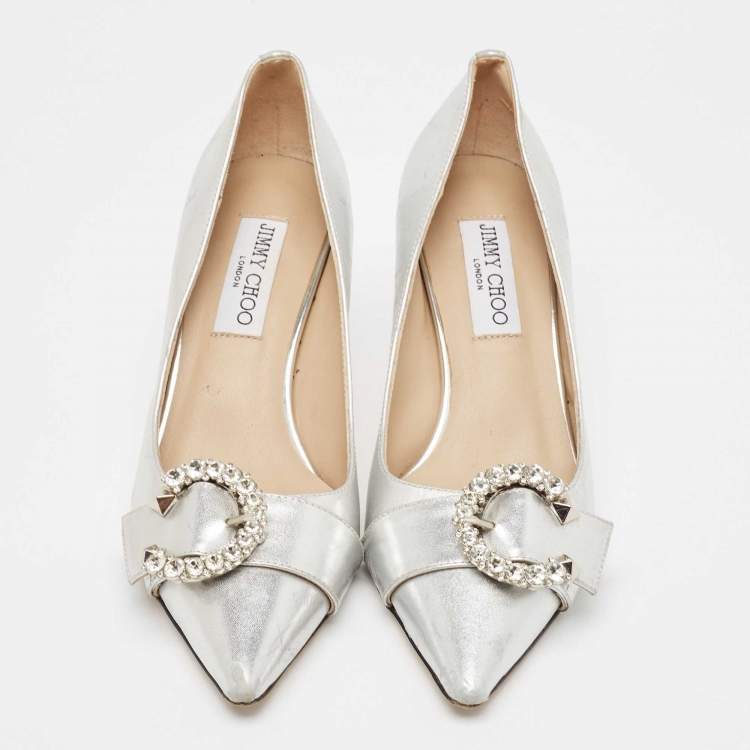 Jimmy Choo Silver Crystal Embellished Leather Pumps Size 37