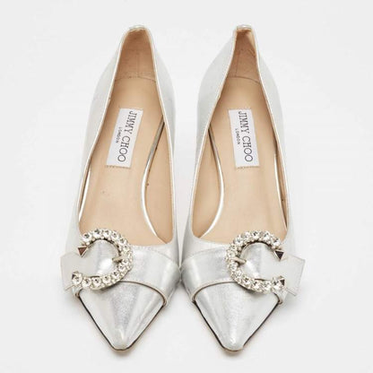 Jimmy Choo Silver Crystal Embellished Leather Pumps Size 37