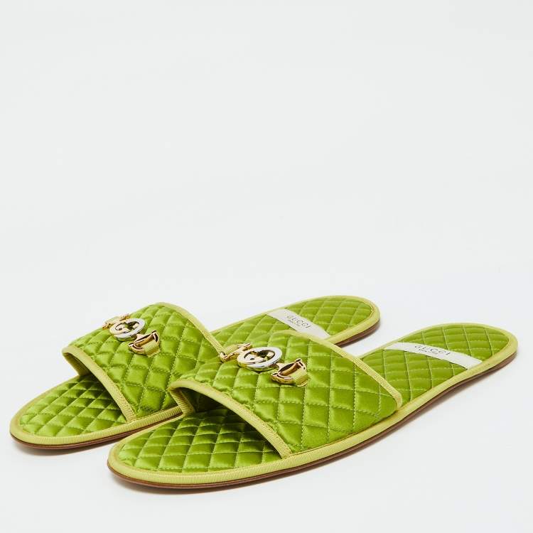 Gucci Green Quilted Satin G Logo Slides – Size 44 – Brand New