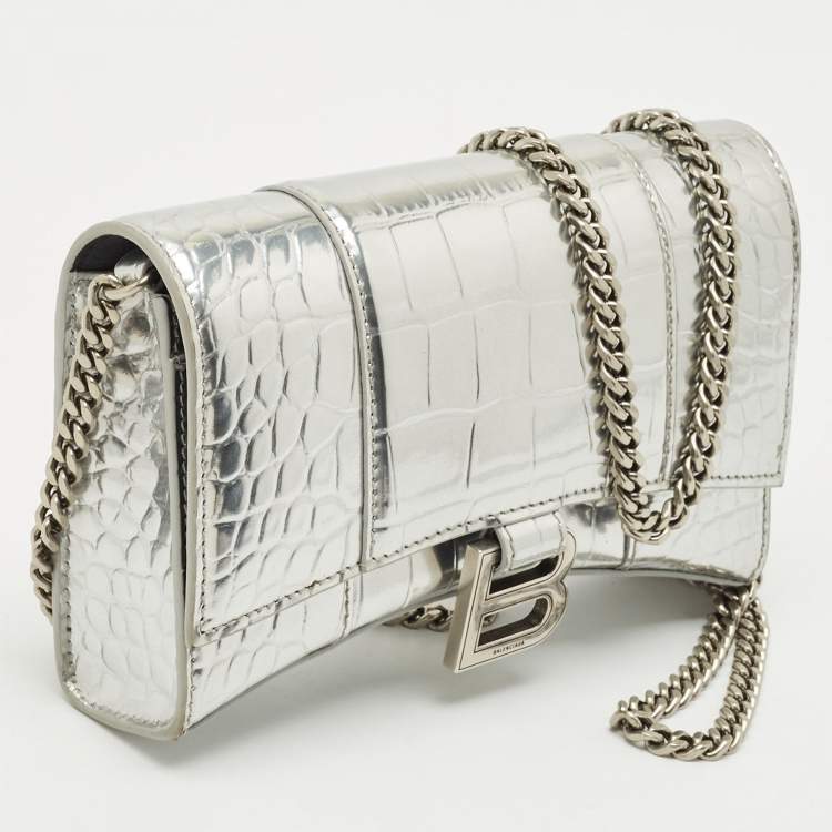 Balenciaga Silver Croc-Embossed Patent Leather Hourglass