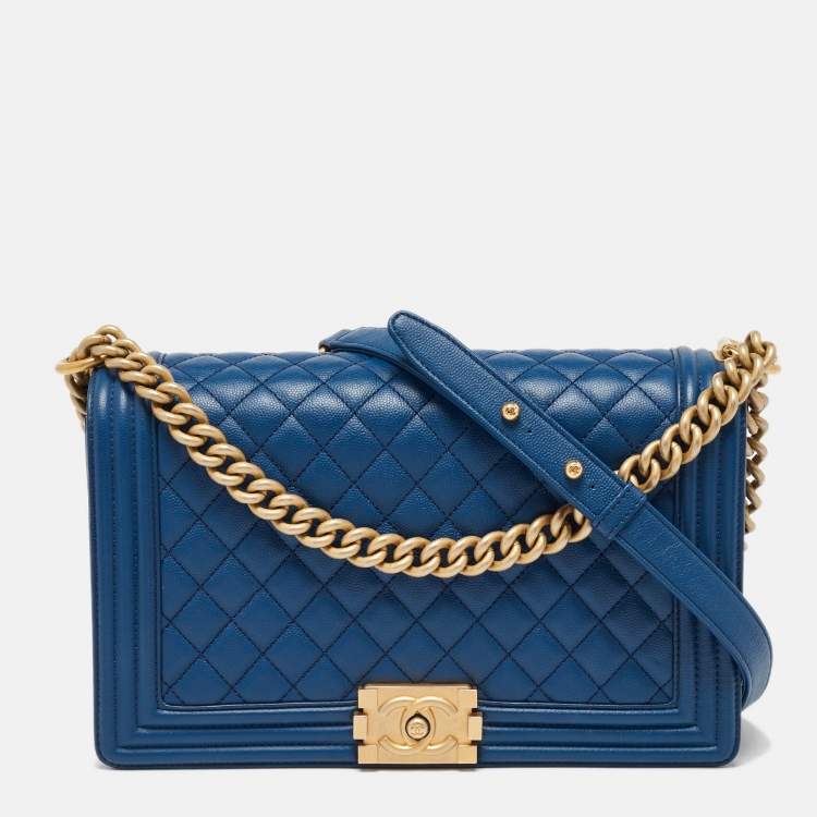 Chanel Medium Boy Bag in Blue Quilted Caviar Leather with Gold Hardware