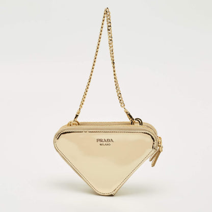 Prada Gold Leather and Satin Crystal Embellished Mini Triangle Pouch