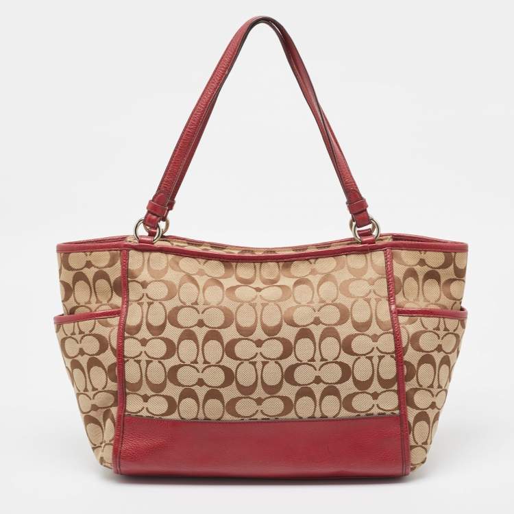 Coach Signature Carrie Tote – Beige & Burgundy Canvas Leather Shoulder Bag