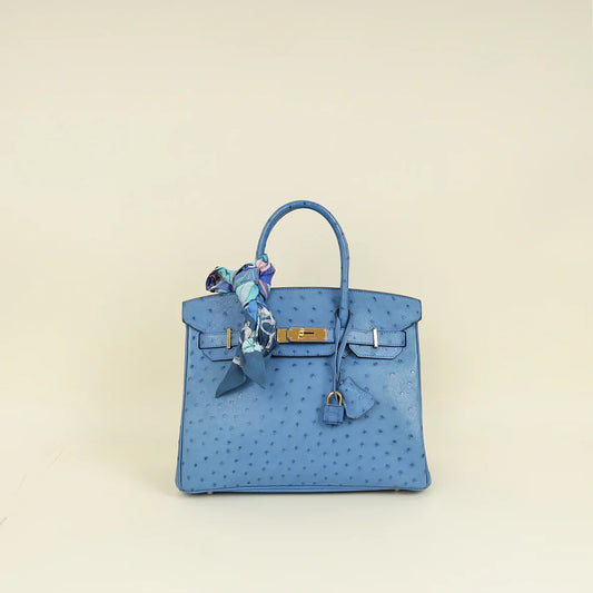 Hermes Bleu Mykonos Birkin 30 Ostrich Bag with 2 Twilly