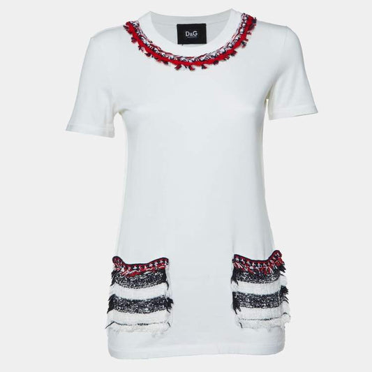 Dolce & Gabbana White Cotton Tweed Trim T-Shirt - Size S
