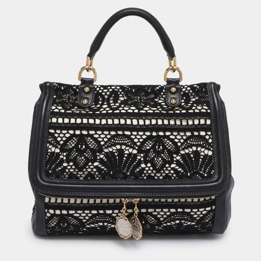 Dolce & Gabbana Black/White Lace and Leather Large Miss Sicily Top Handle Bag