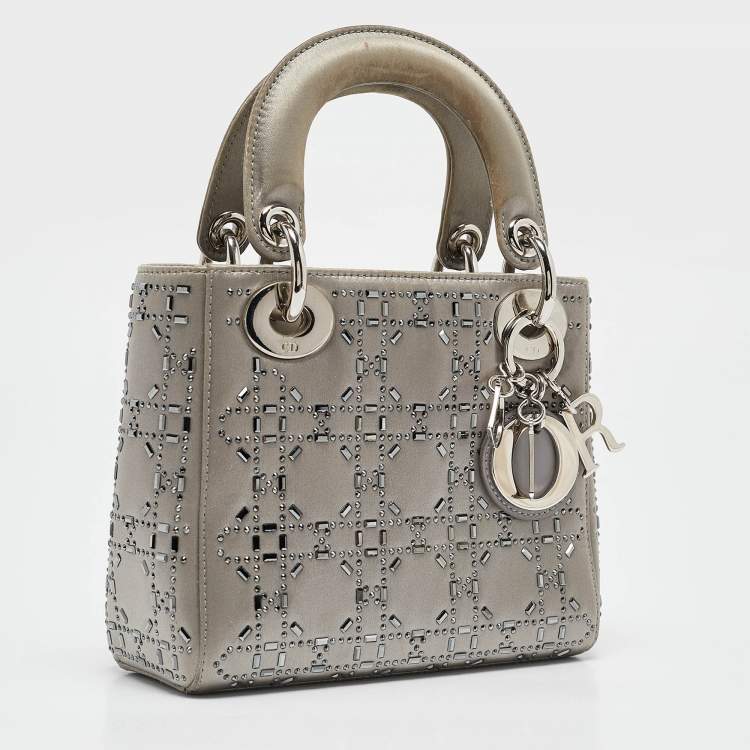 Mini Lady Dior Grey Satin with Beaded Cannage | Fair Condition