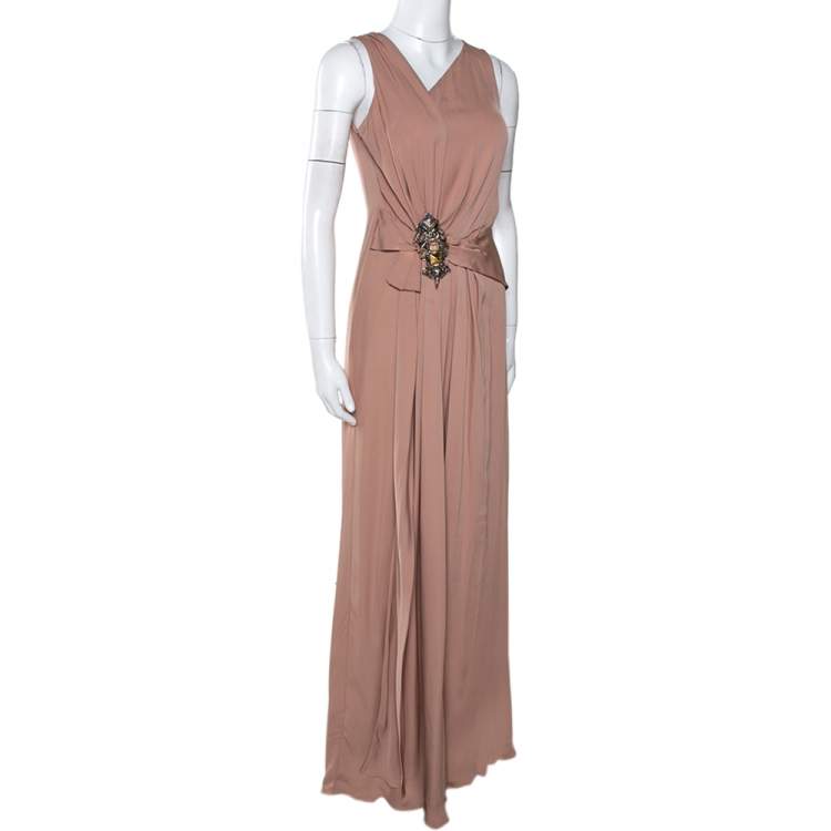 Gucci Pale Pink Silk Crepe Brooch Detail Draped Gown – Size M