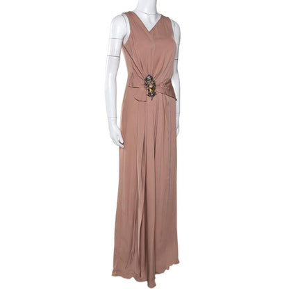 Gucci Pale Pink Silk Crepe Brooch Detail Draped Gown – Size M