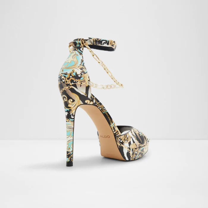 Aldo Statement Heels – Baroque-Inspired Black Multi Print | Sizes 40–41