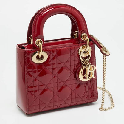 Dior Lady Dior Mini Red Cannage Patent Leather Tote Bag