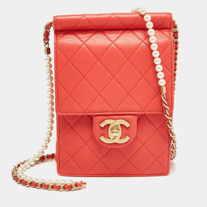 Chanel Vertical Pearl Chain Clutch in Red Quilted Leather with Gold Hardware