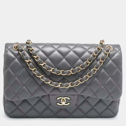 Chanel Grey Quilted Leather Jumbo Classic Double Flap Bag