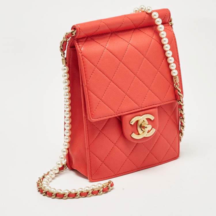 Chanel Vertical Pearl Chain Clutch in Red Quilted Leather with Gold Hardware
