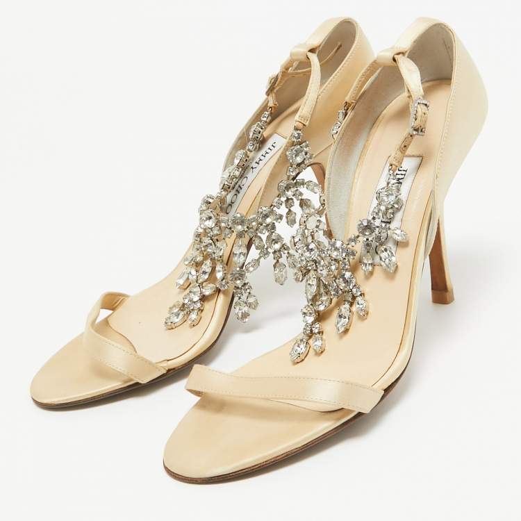 Jimmy Choo Gold Satin Crystal Sandals Size 38 – Embellished Heels