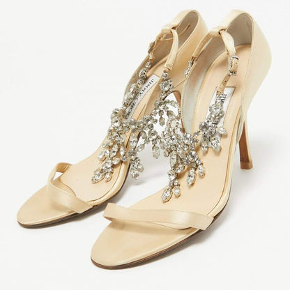 Jimmy Choo Gold Satin Crystal Sandals Size 38 – Embellished Heels