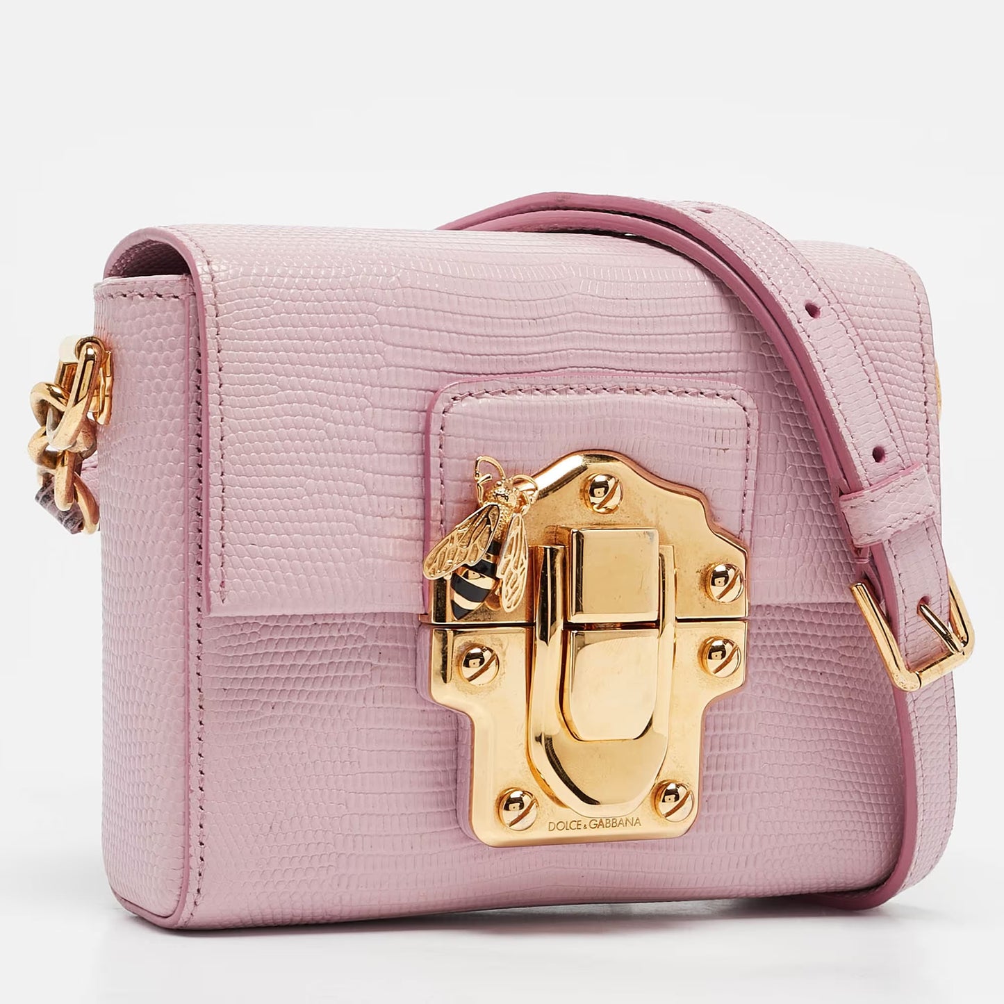 Dolce & Gabbana Lucia Medium Pink Lizard Embossed Leather Crossbody Bags