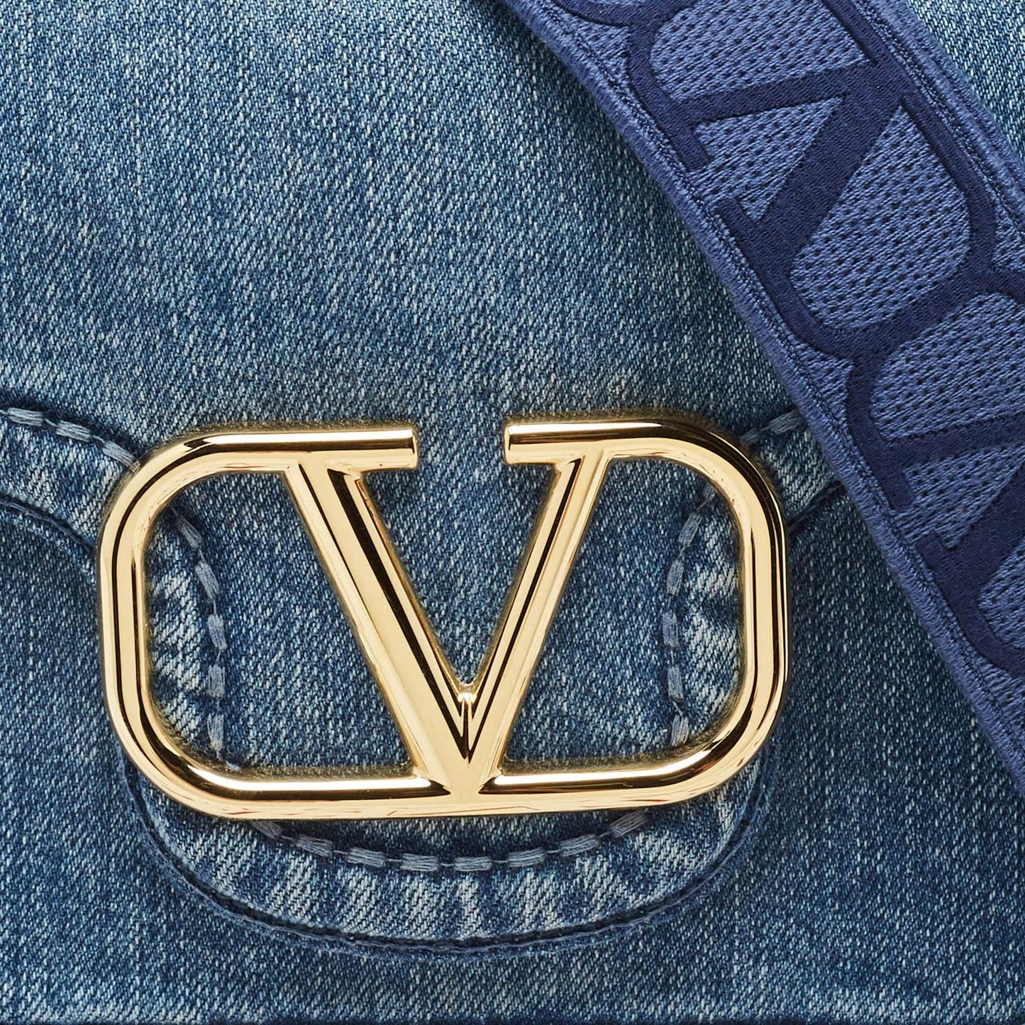 Valentino VLogo Medium Blue Denim and Leather Shoulder Bag