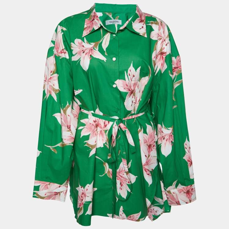Valentino Green Floral Cotton Belted Shirt Dress – Size L – Brand New