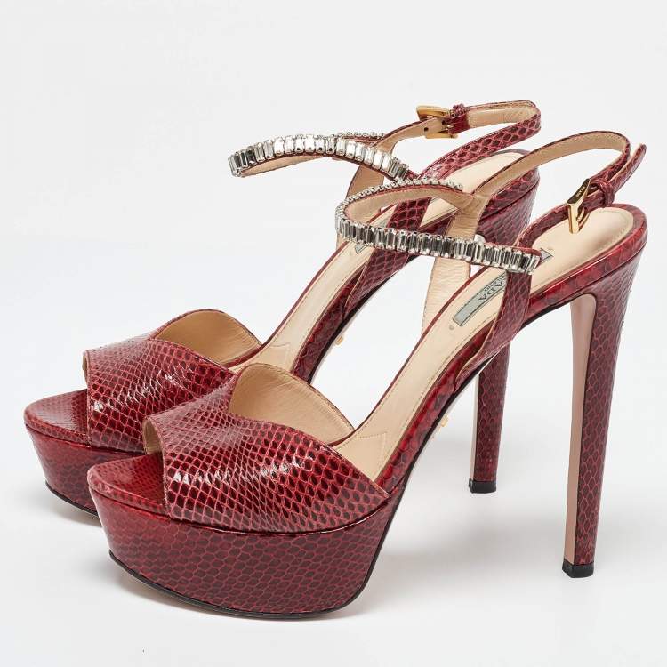 Prada Red Snakeskin Crystal Platform Sandals Size 39