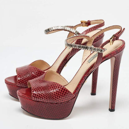 Prada Red Snakeskin Crystal Platform Sandals Size 39