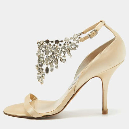 Jimmy Choo Gold Satin Crystal Sandals Size 38 – Embellished Heels