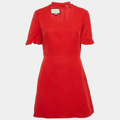 Gucci Red Silk Wool Ruffled Mini Dress with Detachable Collar – Size M – Brand New