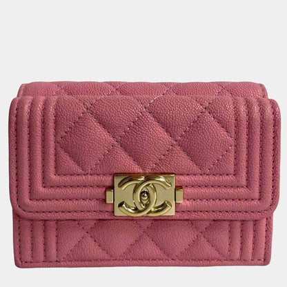 Chanel Pink Quilted Caviar Boy Flap Compact Wallet