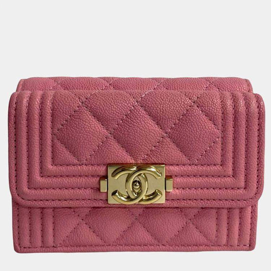 Chanel Pink Quilted Caviar Boy Flap Compact Wallet