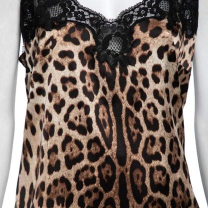 Dolce & Gabbana Leopard Print Silk Lace Trim Top – Size XL – Brand New