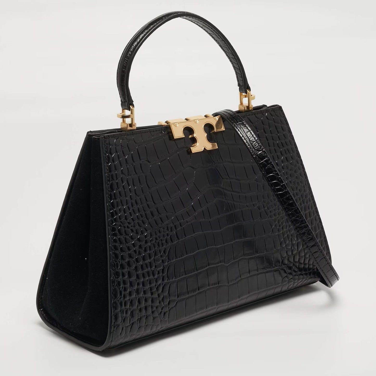 Tory Burch Eleanor Black Croc Embossed Leather Top Handle Bag