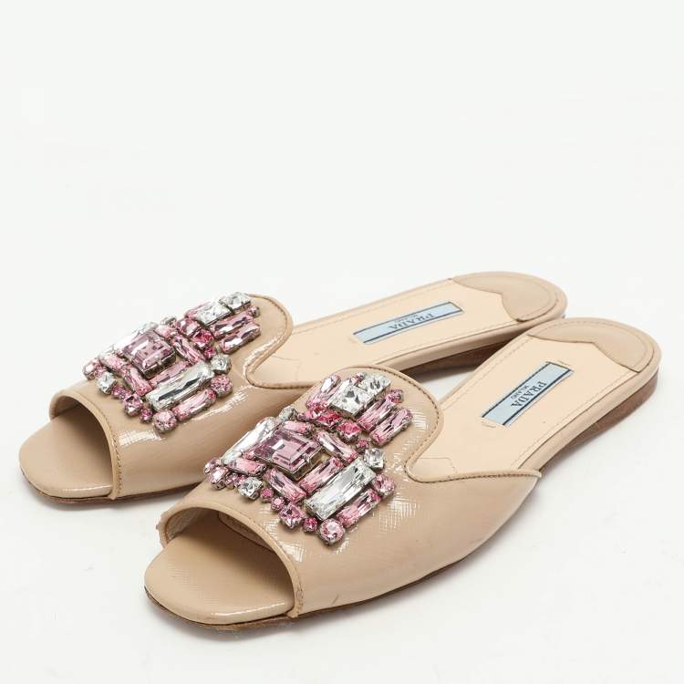 Prada Beige Saffiano  Embellished Slides Size 36