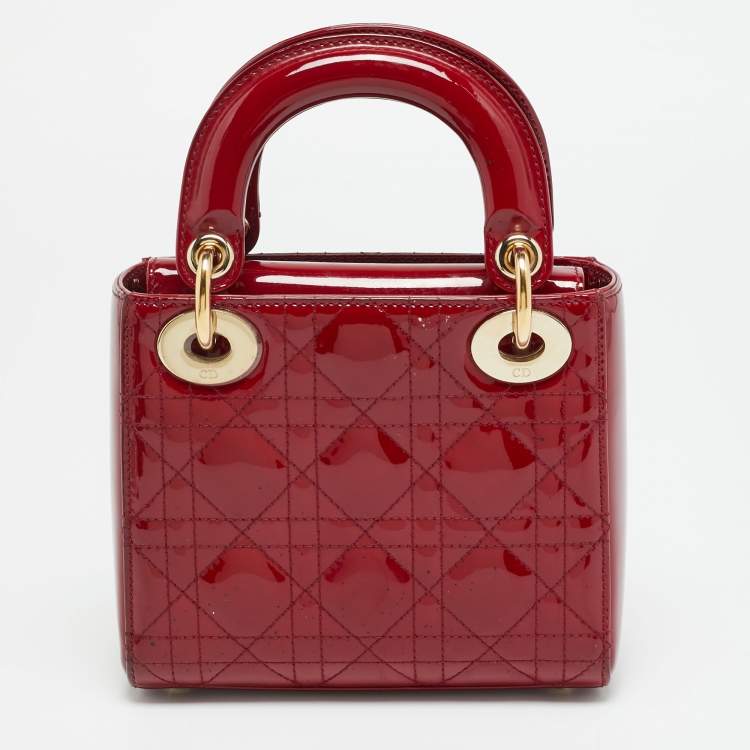 Dior Lady Dior Mini Red Cannage Patent Leather Tote Bag