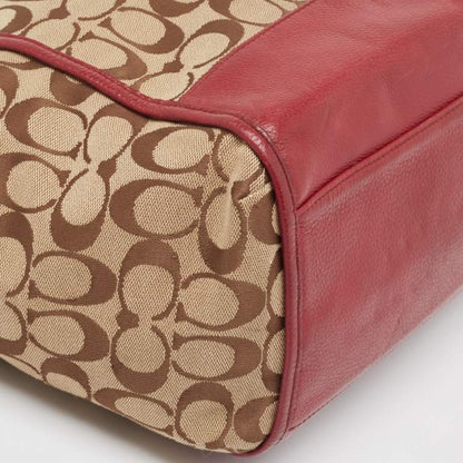 Coach Signature Carrie Tote – Beige & Burgundy Canvas Leather Shoulder Bag