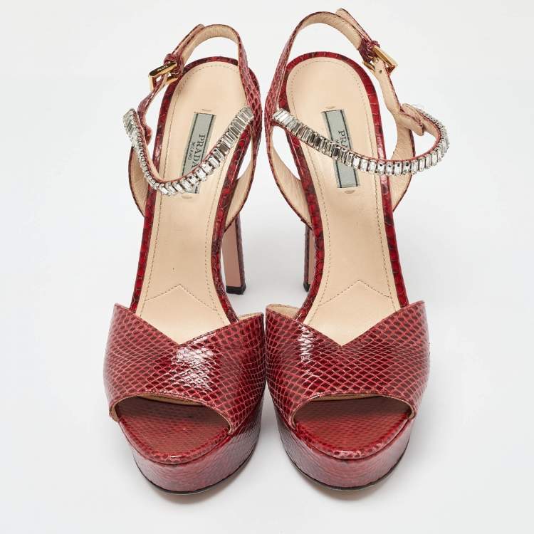 Prada Red Snakeskin Crystal Platform Sandals Size 39
