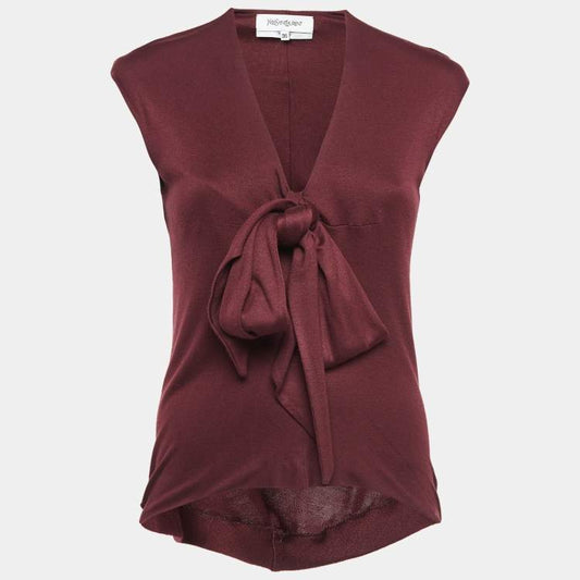Saint Laurent Burgundy Knit Bow Detail Top – Size S